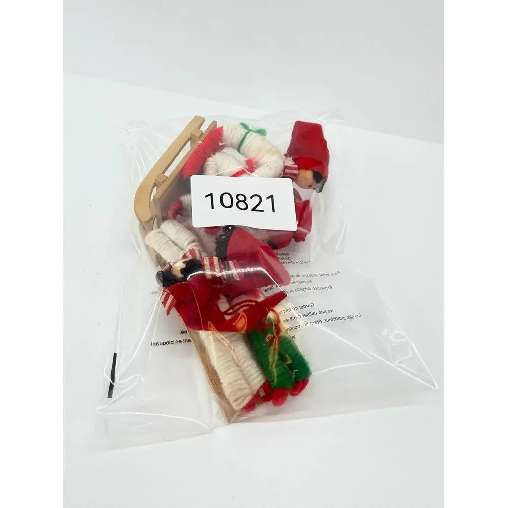 Vintage Taiwan Christmas Yarn Doll Children Wooden Sled Holiday Figurine Set